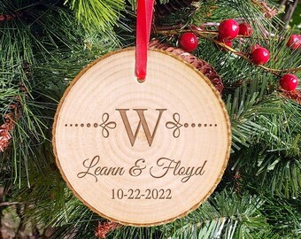 Couple's Names Wooden Ornament - Last Initial Polka Dot Tree Decoration - Family Keepsake - Woodland Christmas - Wood Slice Tree Ornament