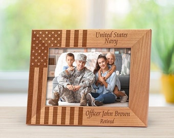 American flag frame, land of the free because of the brave engraved photo frame, US Flag Picture Frame,  US Military Retirement Frame FR0105