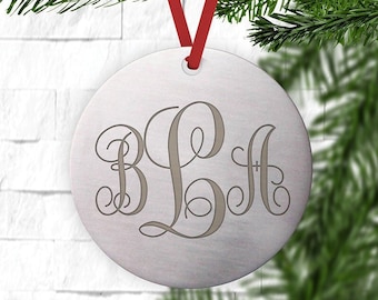 Vine Monogram Christmas Ornament - Circle Initial Personalized Holiday Wooden Gift Tag - Wedding Couple Tree Decoration