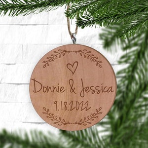 Couple’s Names Pine Sprigs Tree Ornament - Wooden Anniversary - December Wedding Favor - Save the Date