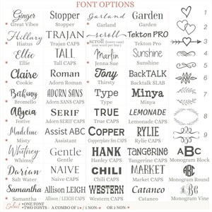 May include: A chart of font options for a personalised gift. The chart includes a variety of font styles, including script, sans serif, and serif fonts. The chart also includes a variety of monogram styles, including block, round, and vine.