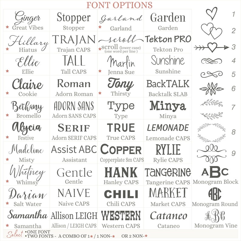 May include: A chart of font options for a personalised gift. The chart includes a variety of font styles, including script, sans serif, and serif fonts. The chart also includes a variety of monogram styles, including block, round, and vine.