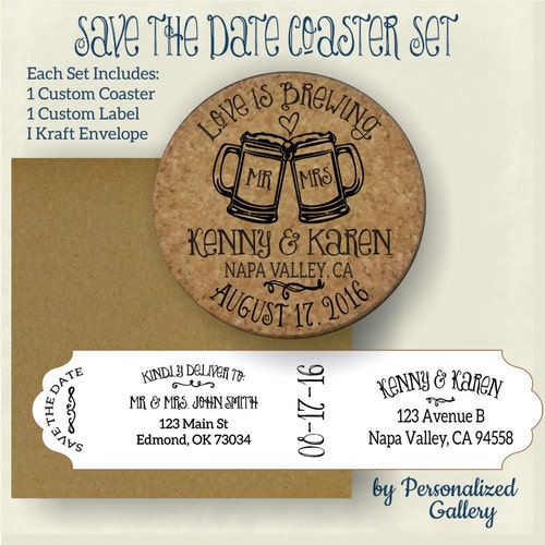 Love is Brewing Grey and White Cork Coaster Save the Dates - Etsy