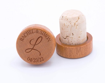 Names, Last initial and Date Personalized Wine Stopper- Wooden Cork - Custom Wedding Favor - W0304STLV