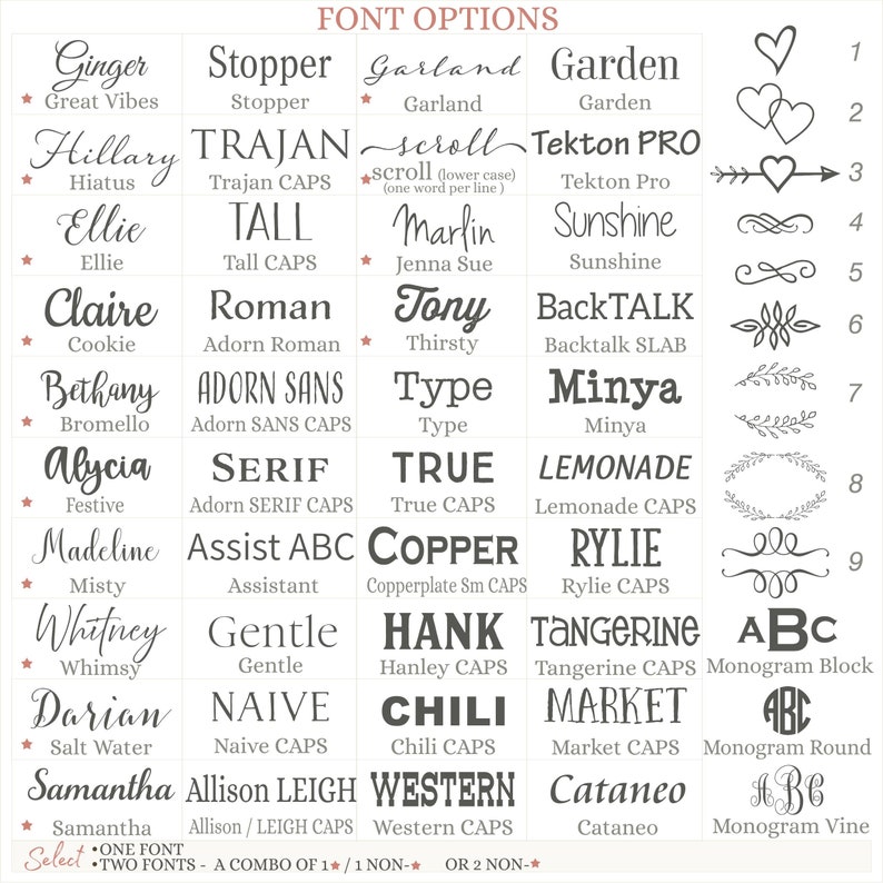 Puede incluir: Un gr&aacute;fico con una variedad de opciones de fuente para nombres, incluyendo Ginger, Hillary, Ellie, Claire, Bethany, Alycia, Madeline, Misty, Whitney, Whimsy, Darian, Samantha, Allison Leigh y Western. El gr&aacute;fico tambi&eacute;n incluye una variedad de elementos decorativos, incluyendo corazones, flechas y vides.