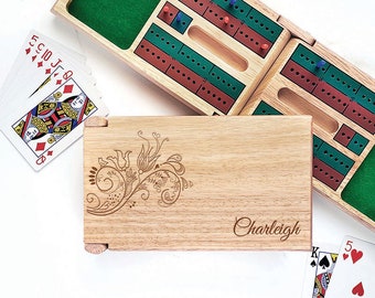 Cribbage Board Custom  Floral Design - Cribbage Board with Storage - Gifts for Gamers - Custom Board Games