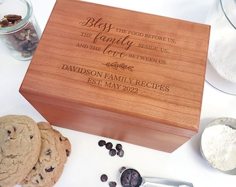 Bless The Food Before Us Engraved Recipe Box - Wooden Recipe Card Storage Container - Christmas Gift For Her - Holiday Kitchen Decor