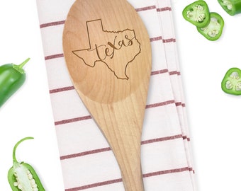 Texas in State Shape Outline Engraved Spoon - Wooden Birch Spoon - Texas Humor - Texas Kitchen Spoon - Lonestar State Home Decor