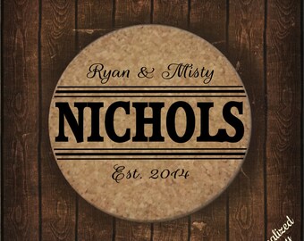 Set of 4 Last Name Cork Coasters - Personalized Couple Coaster Set - Custom Coasters- Engagement Gift - Coasters for Couples