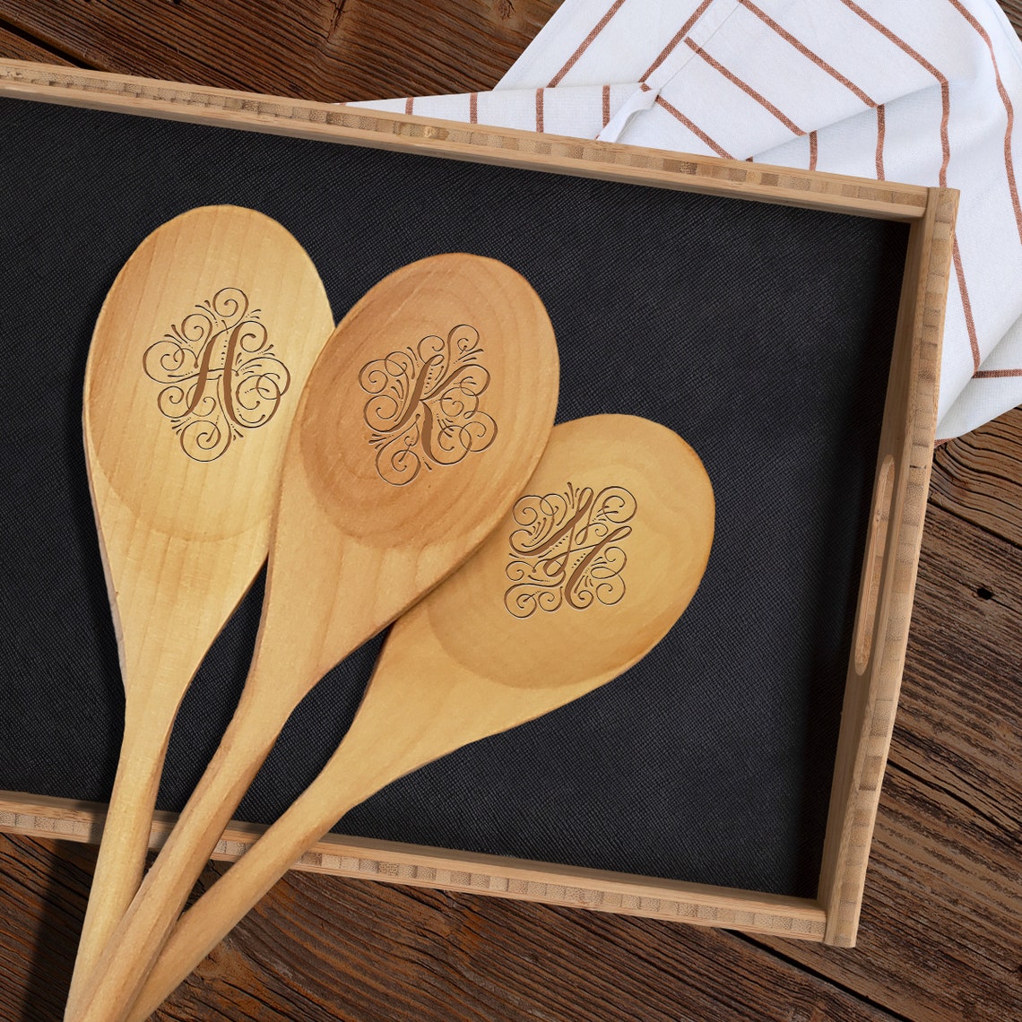 Swirl Letter Monogram Engraved Spoon Wooden Spoon Birthday Etsy