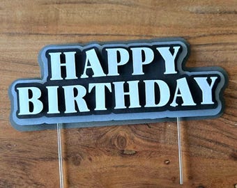 Simple Monochrome Happy Birthday Cake Topper with Customizable Colors