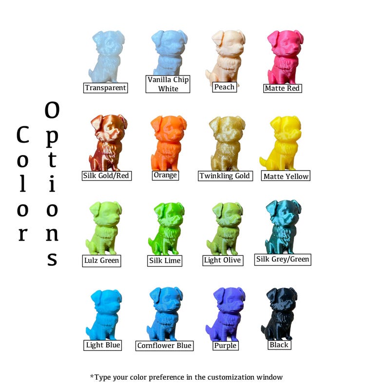 May include: A selection of small, colorful dog figurines in various colors, including transparent, white, peach, and matte red. Additional colors include silk gold/red, orange, and matte yellow. Text indicates color options.