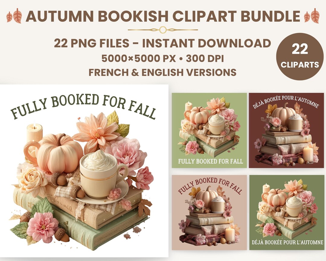 Fall Bookish Clipart Bundle – Fully Booked for Fall PNG, Pumpkin Books ...
