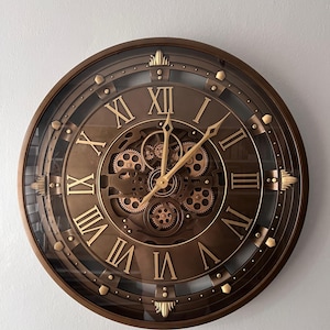 60cm Bronze and Gold Gear Wall Clock – Steampunk Luxury Clock – Handmade Silent Mechanical Decor – Roman Numerals