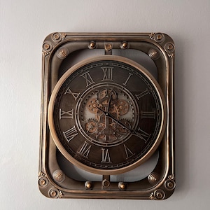 Large Square Gear Wall Clock, Vintage Bronze Steampunk Clock, Roman Numerals, Silent Metal Clock, Industrial Home Decor 60cm