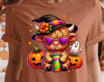 Halloween Highland Cow PNG | Cute Fall Cow Sublimation | Witch Hat Pumpkin Ghost Clipart | Spooky Season Digital Download for Shirts & Craft