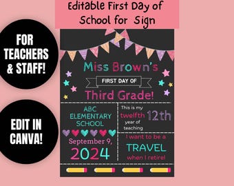 May include: A chalkboard-style sign with text that reads "Editable First Day of School for Sign." The sign includes the text "Miss Brown's Third Grade!" and "September 9, 2024." Additional text includes "ABC Elementary School" and "I want to be a TRAVEL when I retire!"