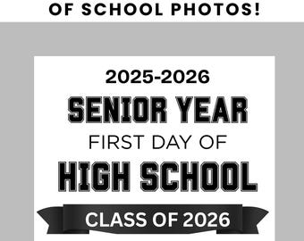 Letrero imprimible para el primer día del último año de secundaria. Letrero digital para el primer día de secundaria. Clase de 2026. Accesorio fotográfico para el último año de secundaria.