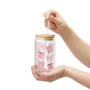 Cute Sipper Glass, 16oz, Pink Bow Drinkware, Reusable Water Bottle, Gift for Her,  Eco-Friendly Beverage Container