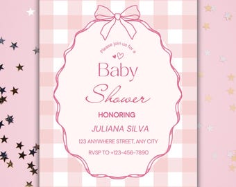 Pink Gingham Baby Shower Invitation | Editable Canva Template | Bow Baby Shower Invite | Printable Digital Download