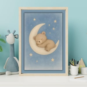 Sleeping Bear on the Moon Nursery Wall Art – Printable Baby Room Decor, Cute Animal Digital Download, Baby Shower Gift for Kids Room