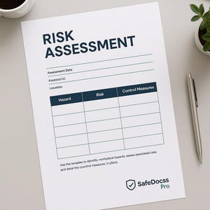 Peut inclure: Document blanc intitulé "Évaluation des risques" avec un tableau pour l'analyse des dangers. Le document comprend des champs pour la date, les évaluateurs et le lieu. Un stylo, une tasse de café, un clavier et une plante sont visibles.