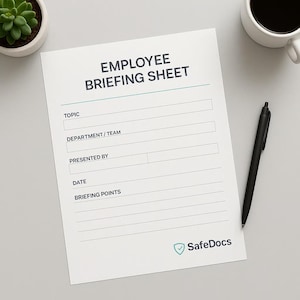 May include: A white Employee Briefing Sheet with the text "Employee Briefing Sheet" in dark blue. The sheet includes fields for topic, department/team, presenter, date, and briefing points. A black pen and a cup of coffee are on the gray surface.