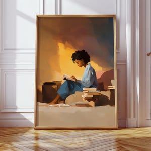 Black Woman Reading Art Print: Literary Girl, Retro Book Nook Decor (Digital Download)