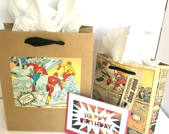2 Flash Comic gift bags & Gift Card / Recycled comic book/ handmade superhero gift bag