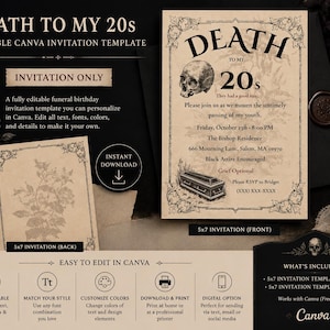 May include: An editable Canva invitation template for a Death to My 20s birthday party. The design features a beige background with black text, a skull illustration, a coffin, and floral borders. Includes front and back 5x7 inch invitation layouts.