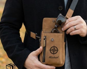 Personalized Phone Crossbody Bag, Custom Engraved Sling Bag, Leather Shoulder Purse, Mini Crossbody Phone Bag, Hands Free Travel Purse Gift