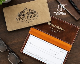 Custom Logo Checkbook Cover, Personalized Laser Engraved Leather Checkbook Holder, Business Gift, Corporate Gift, Engraved Checkbook Case