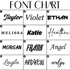 K&ouml;nnte beinhalten: Eine schwarz-wei&szlig;e Schriftartentabelle mit der &Uuml;berschrift "FONT CHART". Die Tabelle zeigt 12 verschiedene Schriftarten, die jeweils einen Namen wie "Taylor", "Violet", "Ethan", "Melissa", "Katie", "Heather", "Morgan", "Frank", "Angel", "Layla", "Andrew" und "evelyn" zeigen.