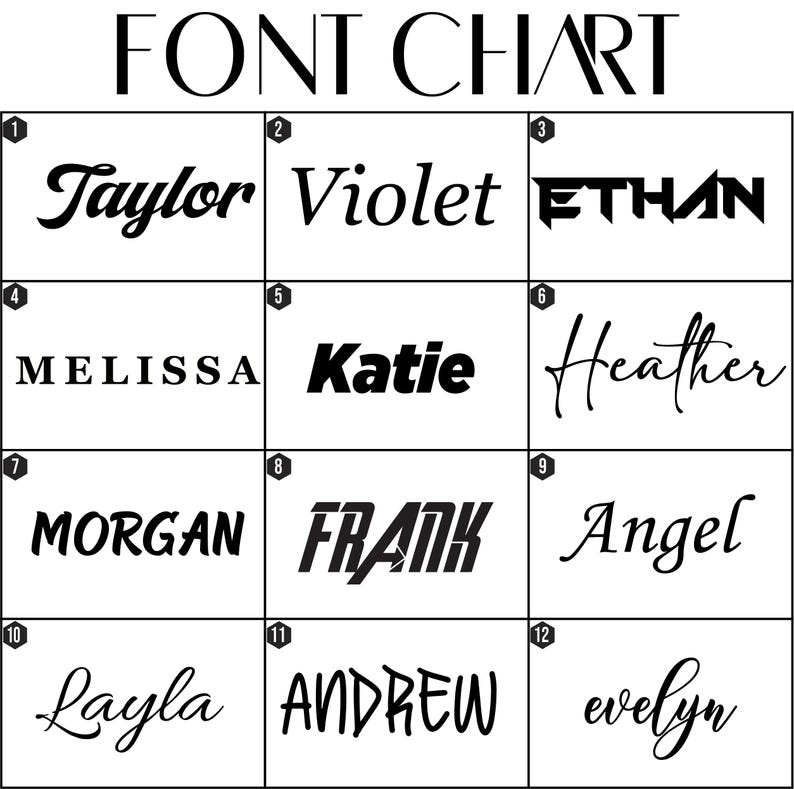 K&ouml;nnte beinhalten: Eine schwarz-wei&szlig;e Schriftartentabelle mit der &Uuml;berschrift "FONT CHART". Die Tabelle zeigt 12 verschiedene Schriftarten, die jeweils einen Namen wie "Taylor", "Violet", "Ethan", "Melissa", "Katie", "Heather", "Morgan", "Frank", "Angel", "Layla", "Andrew" und "evelyn" zeigen.