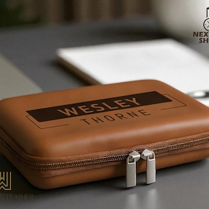 Personalized Leather Cord Case, Custom Logo Accessory Bag, Travel Cable Organizer with Name Engraving, Tech Accessory Pouch, Office Gift