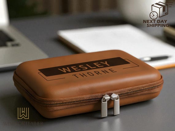 Personalized Leather Cord Case, Custom Logo Accessory Bag, Travel Cable Organizer with Name Engraving, Tech Accessory Pouch, Office Gift