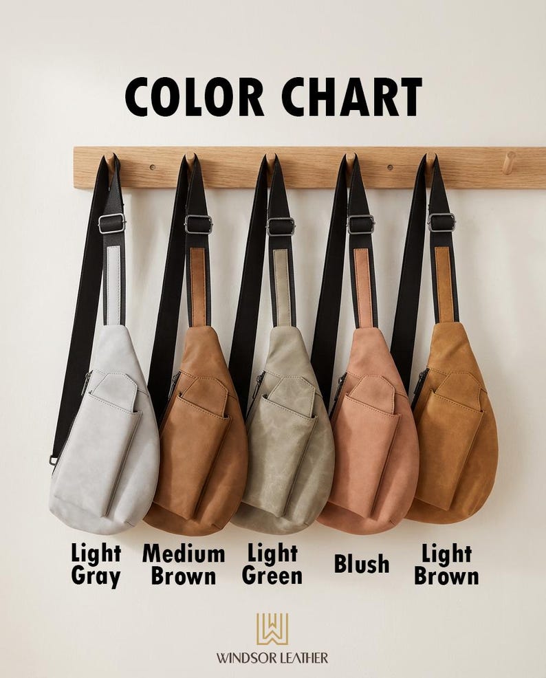 May include: A color chart of five sling bags in various shades: light gray, medium brown, light green, blush, and light brown. Each bag has a black strap and a front pocket. The bags are hanging on a wooden rack against a white wall. The text "COLOR CHART" is at the top.