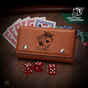 Personalized Leather Card & Dice Set, Custom Engraved Travel Game Set, Custom Name Poker Set, Playing Cards and Dice Set