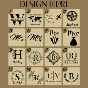 May include: Design chart with 16 different design options. Designs include initials, names, compass, world map, and wedding-themed graphics. Text includes "Winston", "Oliver & Heidi", "D&M", "Michael", "Hailey", "Rachel", "Raelynn", "Silvia", and "Christopher Valente".