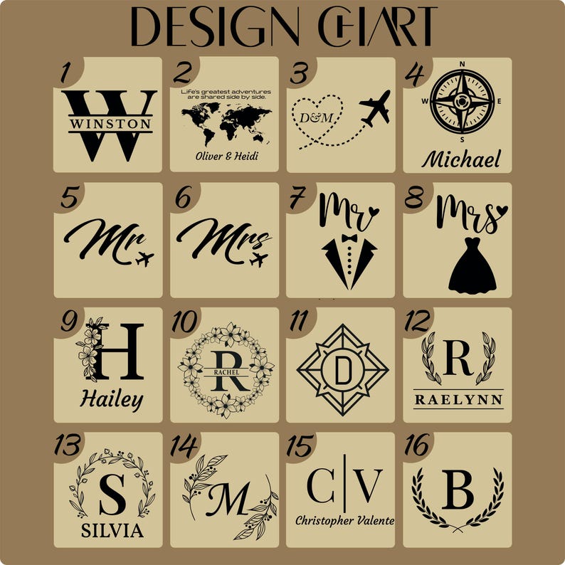 May include: Design chart with 16 different design options. Designs include initials, names, compass, world map, and wedding-themed graphics. Text includes "Winston", "Oliver & Heidi", "D&M", "Michael", "Hailey", "Rachel", "Raelynn", "Silvia", and "Christopher Valente".