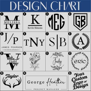 K&ouml;nnte beinhalten: Eine Designtabelle mit verschiedenen Monogramm- und Logooptionen. Die Tabelle enth&auml;lt Initialen, Namen und individuelle Designs, mit Beispielen wie "Melissa", "K", "MEG", "GB", "J/P", "TNY", "SB", "A", "Violet", "Angel", "Judy", "eric", "Taylor", "George Heather" und "Your Custom Logo or Design".