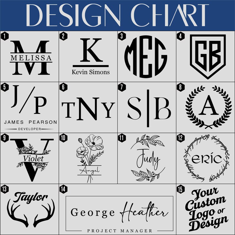 K&ouml;nnte beinhalten: Eine Designtabelle mit verschiedenen Monogramm- und Logooptionen. Die Tabelle enth&auml;lt Initialen, Namen und individuelle Designs, mit Beispielen wie "Melissa", "K", "MEG", "GB", "J/P", "TNY", "SB", "A", "Violet", "Angel", "Judy", "eric", "Taylor", "George Heather" und "Your Custom Logo or Design".