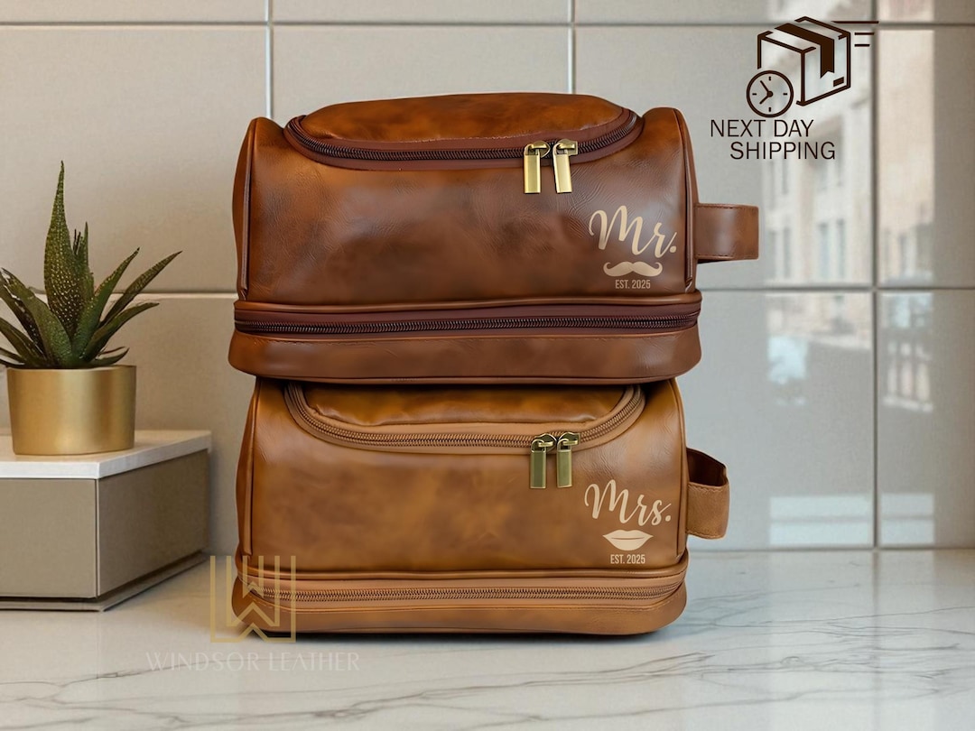 Mr & Mrs Toiletry Bags, Personalized Honeymoon Gift for Couple, Leather Dopp Kit for Bride and Groom, Mr. and Mrs. Gift, Wedding Shower Gift - DESIGN 4, Dark Brown