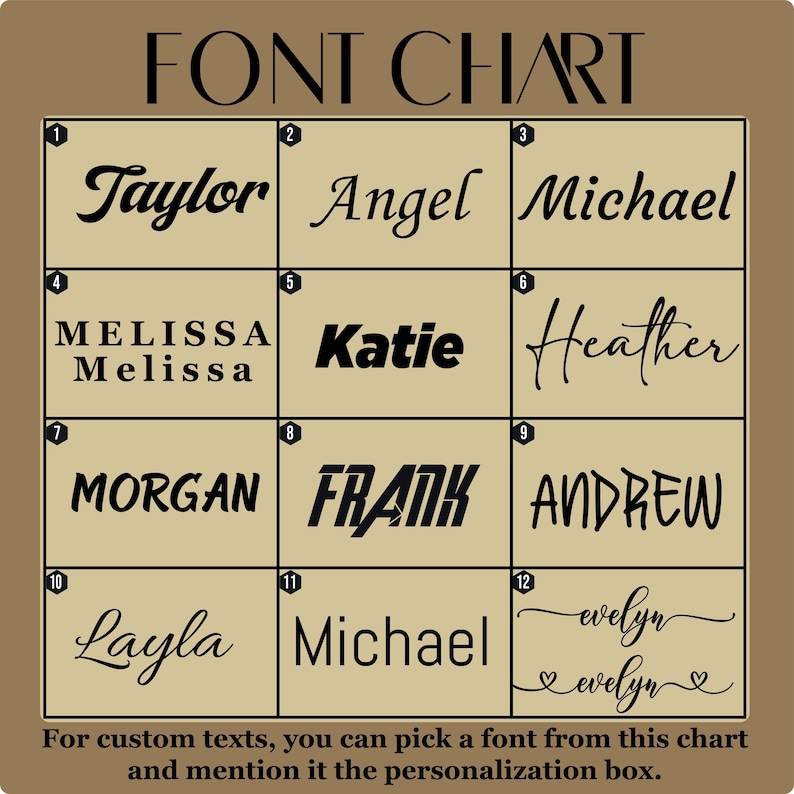 May include: A font chart with 12 different font styles, each displaying a name. The chart includes fonts like "Taylor", "Angel", "Michael", "Melissa", "Katie", "Heather", "Morgan", "Frank", "Andrew", "Layla", "Michael", and "Evelyn".