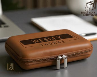 Personalized Leather Cord Case, Custom Logo Accessory Bag, Travel Cable Organizer with Name Engraving, Tech Accessory Pouch, Office Gift