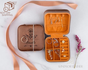 Personalized Birth Flower Jewelry Box, Custom Bridesmaid Jewelry Case with Name, Leather Engraved Jewelry Travel Box, Bridesmaid Proposal