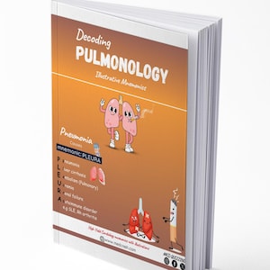 Puede incluir: Un libro de texto médico titulado "Decoding PULMONOLOGY" con ilustraciones. La portada presenta dibujos animados de pulmones y texto sobre las causas de la neumonía. El libro está abierto, revelando mnemónicos médicos detallados.