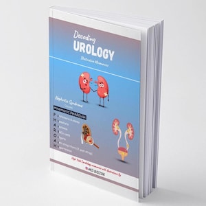 Puede incluir: Un libro de texto médico titulado "Decodificando Urología" con ilustraciones. La portada presenta un fondo degradado azul con diagramas anatómicos de riñones y el sistema urinario. El libro incluye dispositivos mnemotécnicos para el síndrome nefrítico.