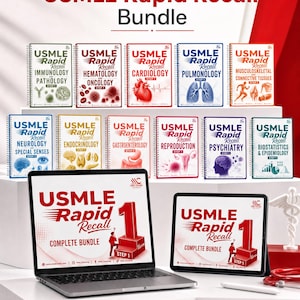 Puede incluir: Una colección de once guías de estudio con espiral tituladas USMLE Rapid Recall, que cubren temas médicos como cardiología y neurología. Un portátil y una tableta muestran el título, junto a un lápiz óptico blanco y un estetoscopio rojo.