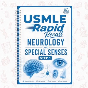 Könnte beinhalten: Ein spiralgebundener Studienführer mit dem Titel USMLE Rapid Recall NEUROLOGY AND SPECIAL SENSES STEP 1. Das weiße Cover zeigt blauen Text und Illustrationen eines menschlichen Gehirns, eines Neurons, eines Auges, eines Ohrs und einer Nase.